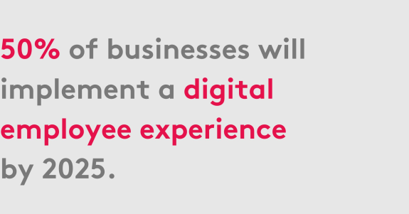 Text stating 50 percent of businesses will implement digital employee experience by 2025.