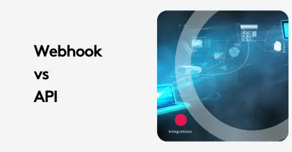 Comparison of webhook vs API with digital integration graphics in blue