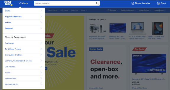 Best Buy website navigation menu with sale ads and product listings.