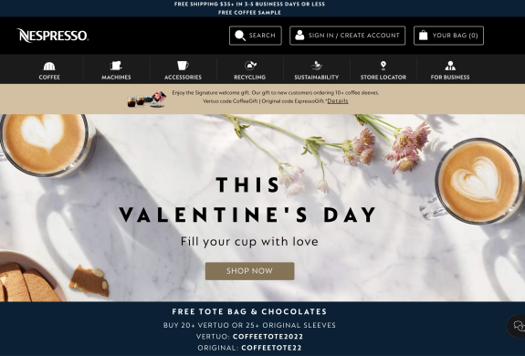 Nespresso Valentine's Day promotion with coffee cups and flowers on marble table.