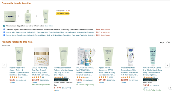 Amazon page showing Pipette baby products with frequently bought together and related items sections.