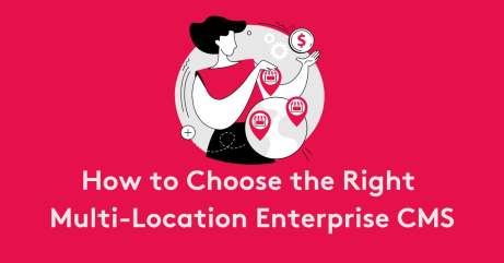 Illustration of person with globe and location icons on choosing CMS