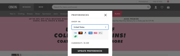 ASOS preferences setting with shop location in United States and USD currency options.