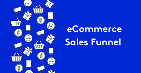 Ecommerce sales funnel diagram on blue background with icons and text.
