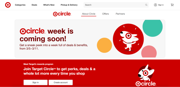 Target Circle promotion week announcement with a cartoon dog logo.
