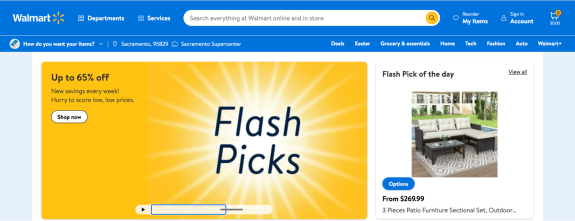 Walmart website showing flash picks sale banner with up to 65% off.