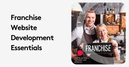 Cafe owners holding franchise sign, promoting website development essentials.