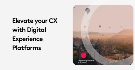 Text 'Elevate your CX with Digital Experience Platforms' beside hot air balloons over rocky landscape at sunset.