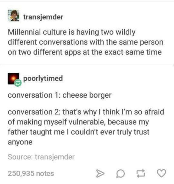 Meme about millennial culture having different conversations on two apps simultaneously.