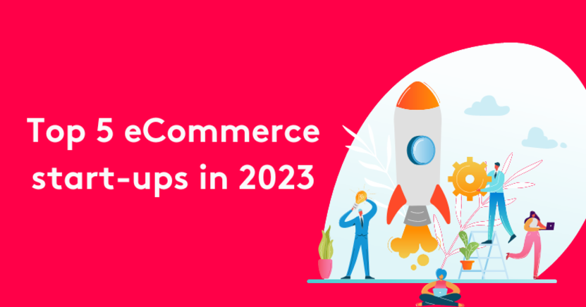 Illustration of top 5 eCommerce start-ups in 2023 with rocket and people