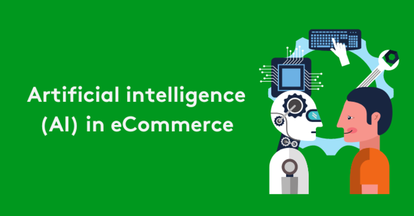 Illustration of AI and human interaction in eCommerce on green background