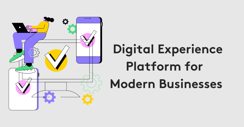 Illustration of digital experience platform for modern businesses with devices and gears