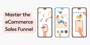Illustration of eCommerce sales funnel on three smartphones with user interactions and feedback.