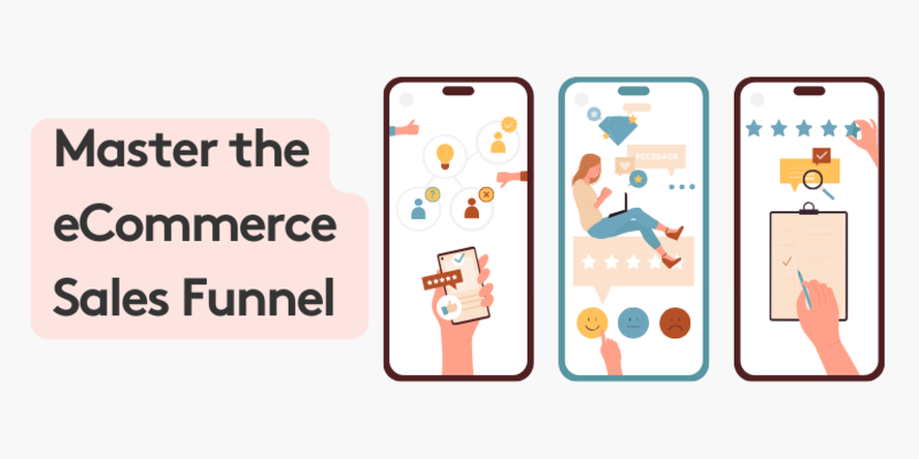 Illustration of eCommerce sales funnel on three smartphones with user interactions and feedback.
