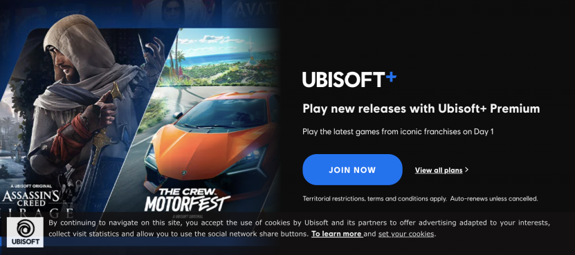Ubisoft Plus promotional banner featuring Assassin's Creed Mirage and The Crew Motorfest games.