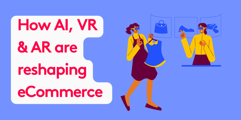 Illustration of AI, VR, and AR in eCommerce with two people using virtual devices.