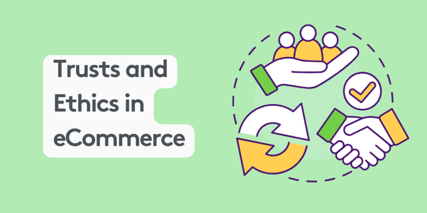 Illustration on trusts and ethics in eCommerce with icons of handshake, people, and checkmark on green background.