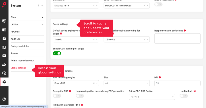 System settings page showing cache preferences and global settings options.