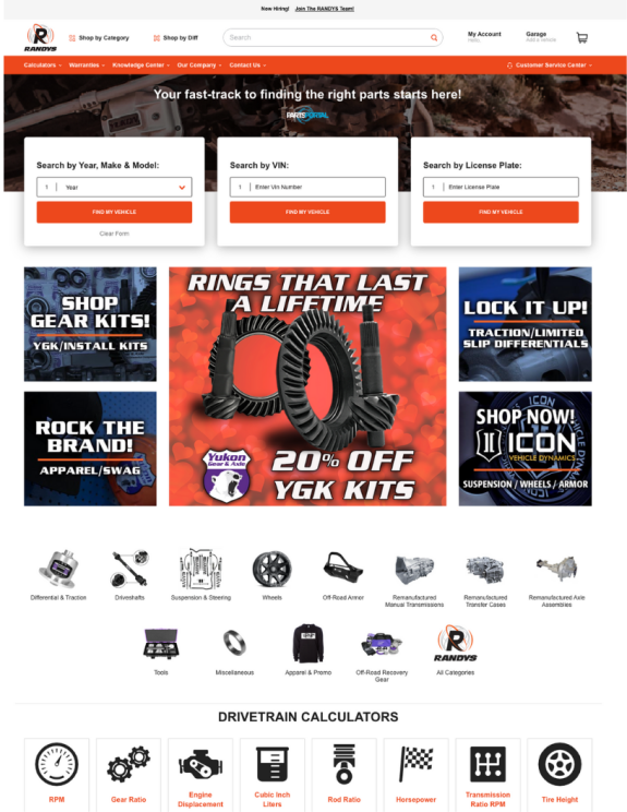 Auto parts website homepage with discounts, search tools, and product categories.
