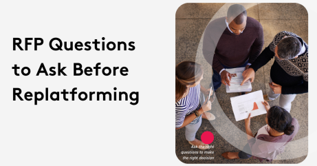 Group discussing RFP questions before replatforming with documents in hand.