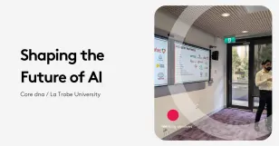 Presentation on shaping the future of AI at La Trobe University with a speaker and industry partners slide.