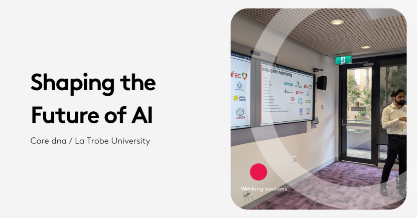 Presentation on shaping the future of AI at La Trobe University with a speaker and industry partners slide.