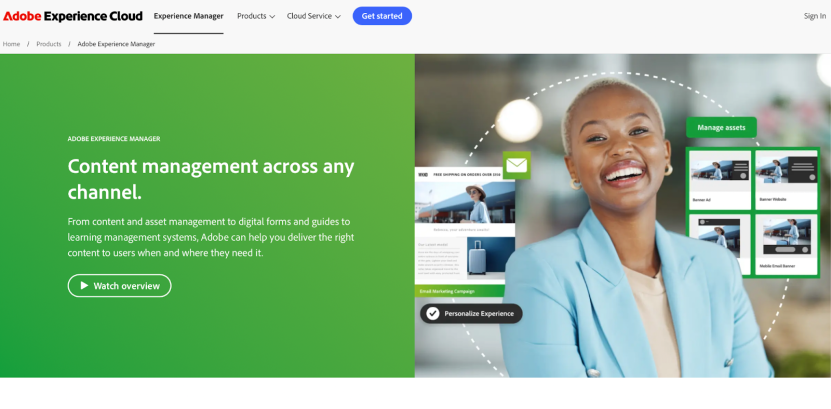 Adobe Experience Manager content management interface with smiling person.