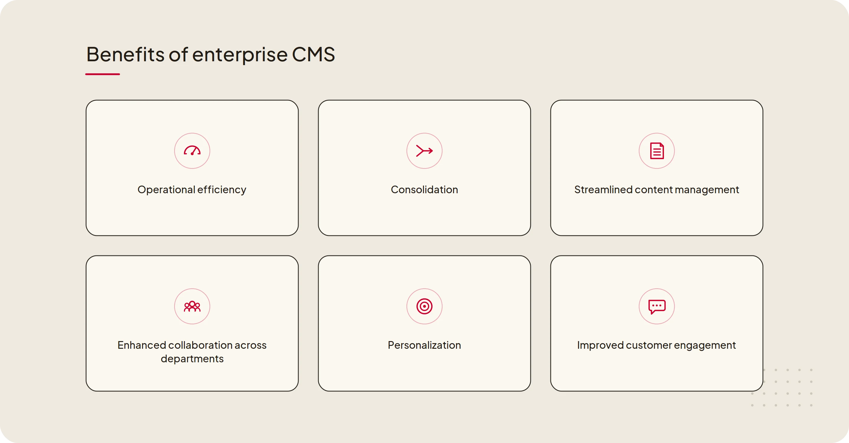 Infographic on benefits of enterprise CMS including operational efficiency, consolidation, and more.