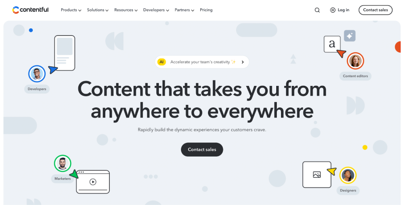 Contentful homepage showing services for developers, marketers, editors, and designers.