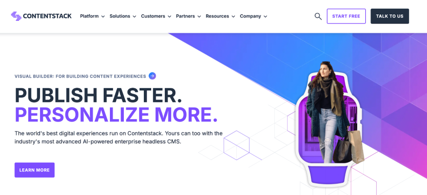 Contentstack homepage banner with publish faster and personalize more message.