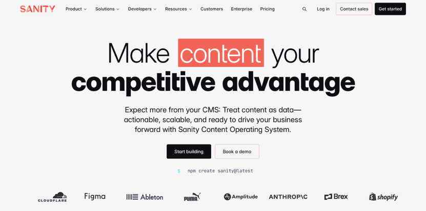 Sanity CMS homepage promoting content as a competitive advantage.