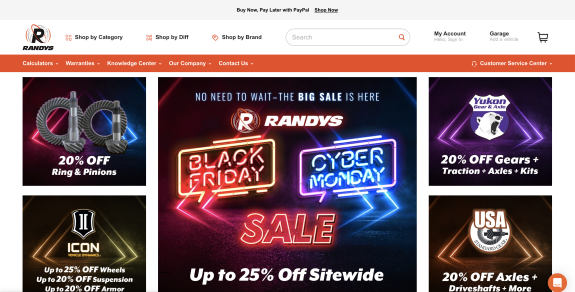 Randy's Black Friday and Cyber Monday sale promotion with discounts on auto parts.