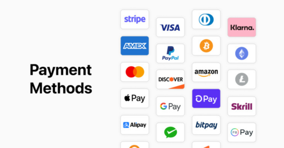 Image displaying various payment method logos including credit cards and cryptocurrencies.