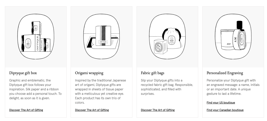 Illustrations of Diptyque gift options including gift box, origami wrapping, fabric bags, and personalized engraving.