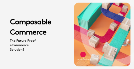Composable commerce concept with colorful blocks and text about future ecommerce solutions.