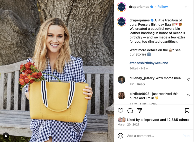 Draper james birthday tote bag yellow reese witherspoon instagram post