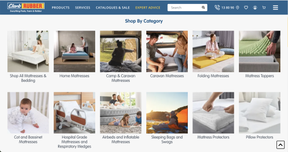 Clark Rubber online store mattress category selection with various options.