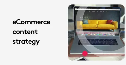 Laptop displaying eCommerce content strategy with yellow sofa on screen