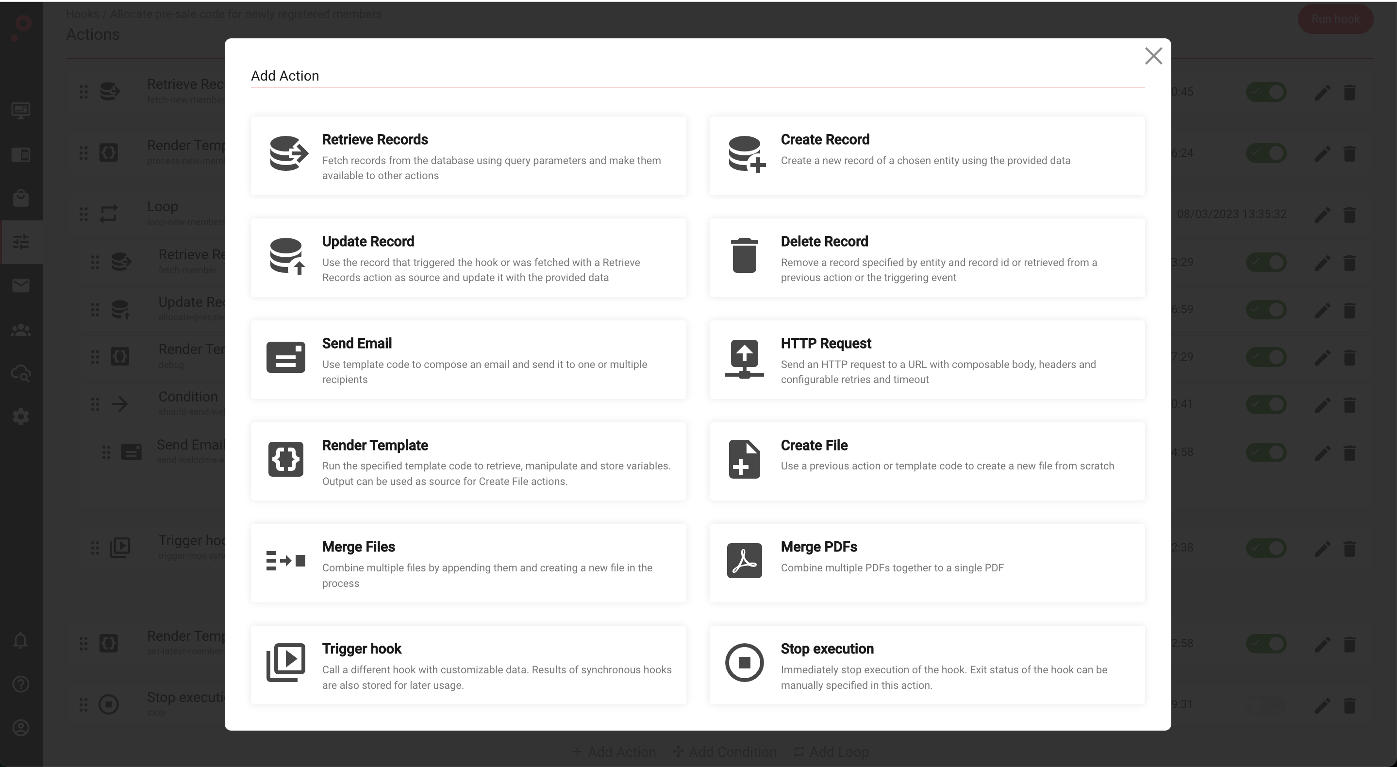 Software interface showing add action menu with options like retrieve records, send email, and HTTP request.