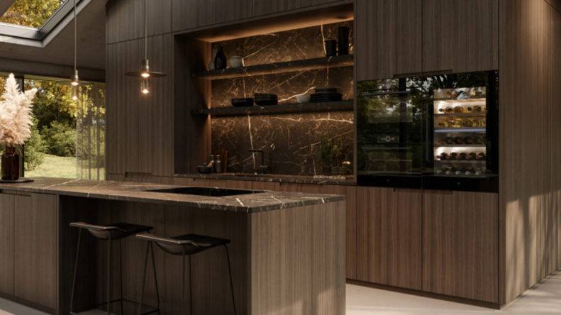 Modern luxury kitchen with dark wood and marble island.
