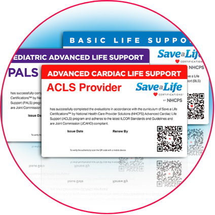 Image of ACLS, BLS, and PALS certification cards with QR codes for life support training.