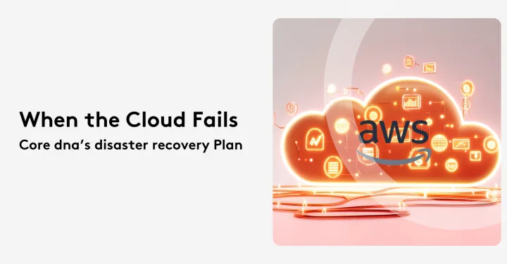 AWS cloud icons and text about disaster recovery plan on a glowing orange cloud background.