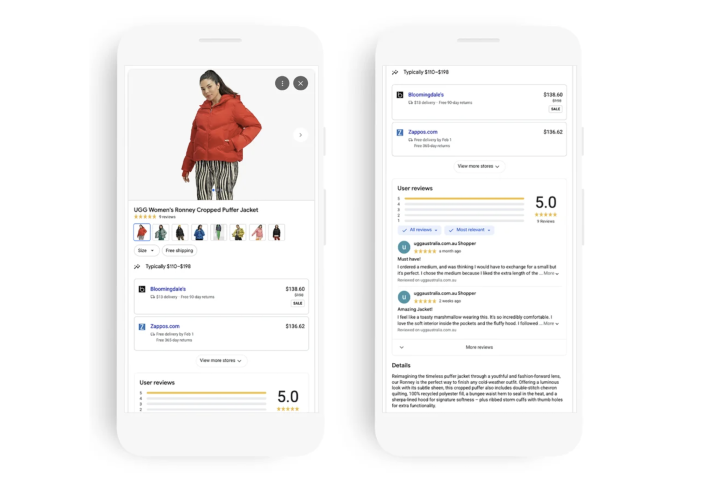 Two mobile screens showing a red puffer jacket shopping page and user reviews.