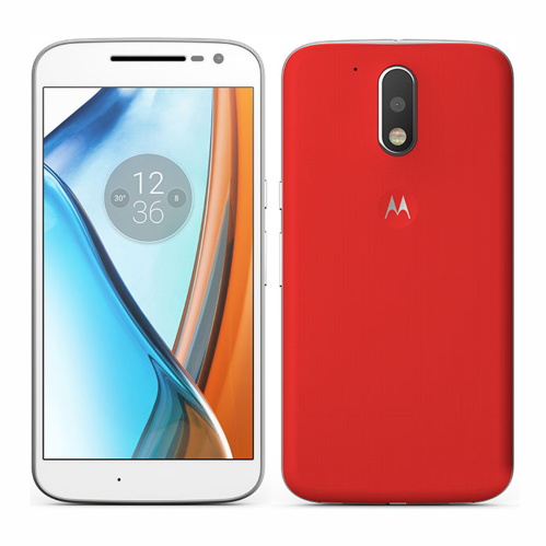 Moto G4 smartphone front and back view with red and white colors.