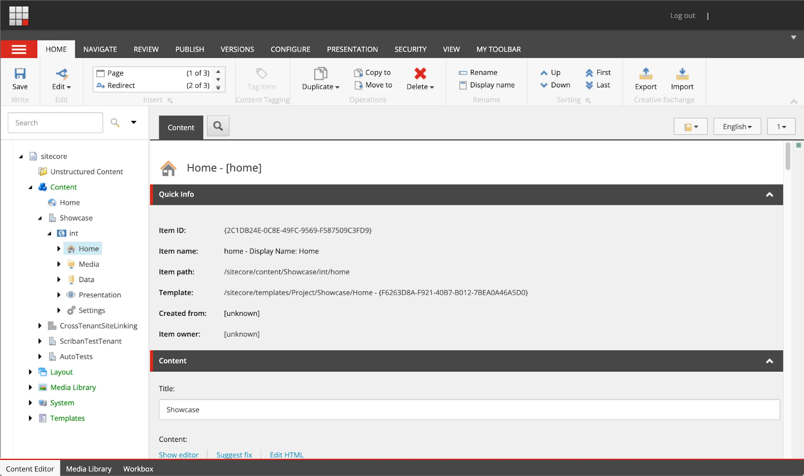 Sitecore content editor interface displaying home page details and quick info.