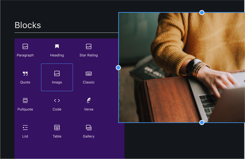 Website editor interface with block options and person using laptop