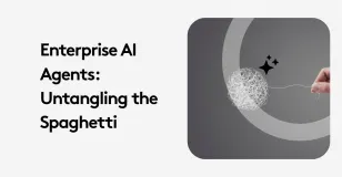 Graphic depicting enterprise AI agents untangling complexity with hand pulling thread.
