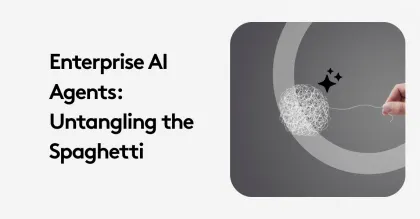 Graphic depicting enterprise AI agents untangling complexity with hand pulling thread.