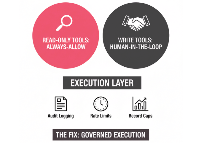 Diagram showing execution layer with read-only and write tools, and governance solutions.