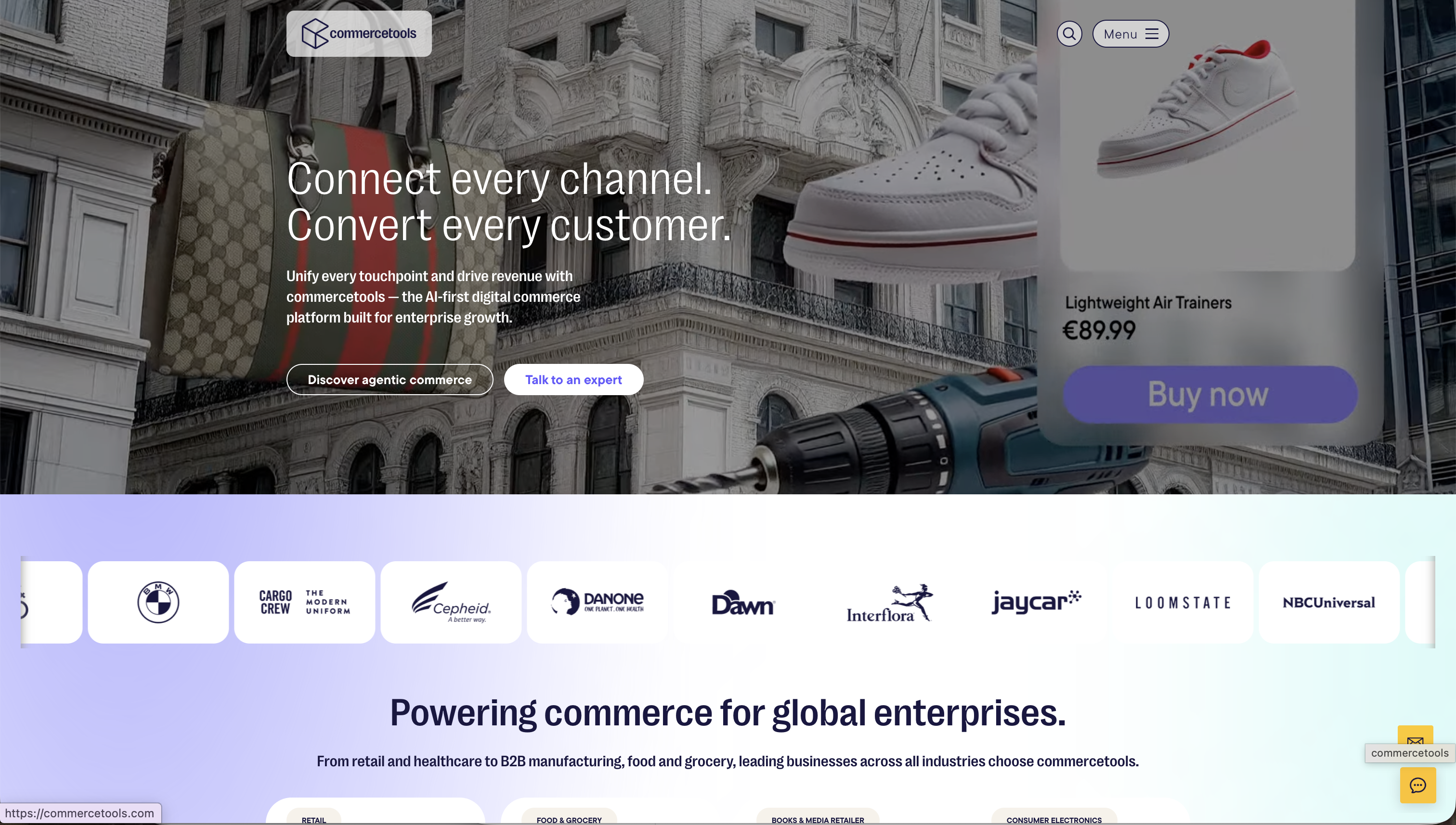 Commercetools ad highlighting AI-first digital commerce platform with product images and brands.